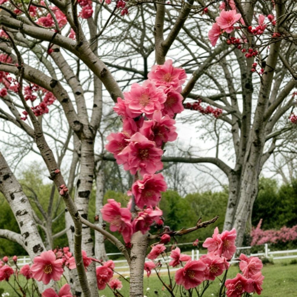 Crimson Cascade Weeping Flowering Peach Tree – Prunus persica Live Plant | 8–9 Feet Tall | Double Red Pink Blossoms | Includes Root-Wrapped Tree | Ornamental Landscape Favorite | Easy to Grow