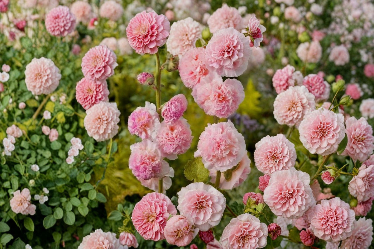Double Pink Hollyhock Seeds | 100 Flower Seeds | Tall Pink Cottage Garden Flowers | Cut Flower Garden | Alcea rosea