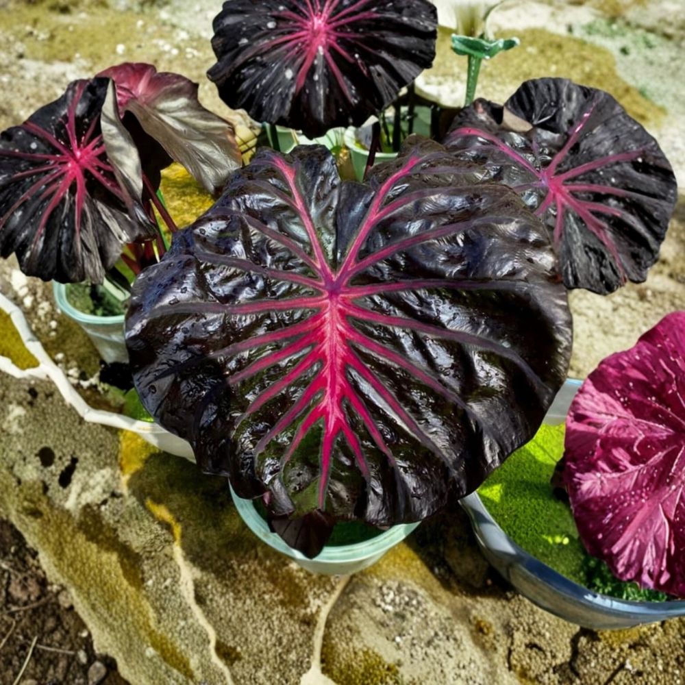 Black Lava Elephant Ear Live Plant | Colocasia esculenta Rooted Starter | 4–8 Inches Tall | 2.5 Inch Pot | Tropical Foliage Plant