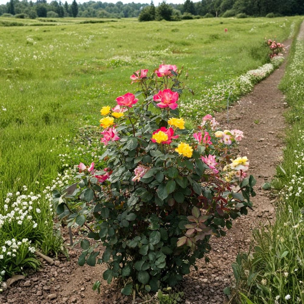 Sunset Horizon™ Shrub Rose – Rosa 'Meisistoma' PP31,682 Live Plant | 1 Quart Grow Bag | Floribunda Rose | Yellow to Cherry Red Blooms