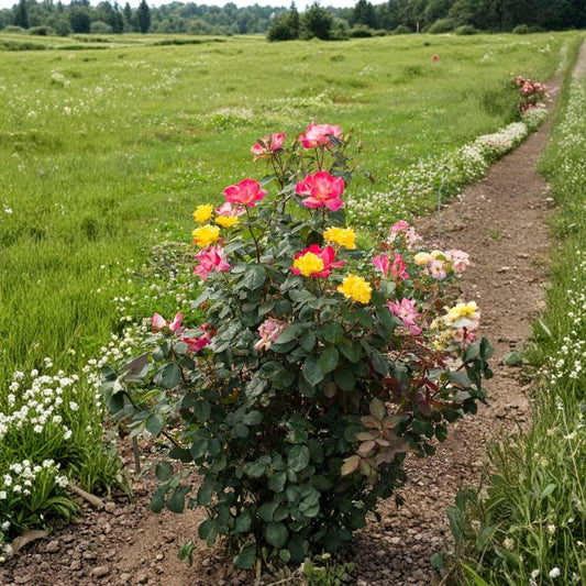 Sunset Horizon™ Shrub Rose – Rosa 'Meisistoma' PP31,682 Live Plant | 1 Quart Grow Bag | Floribunda Rose | Yellow to Cherry Red Blooms
