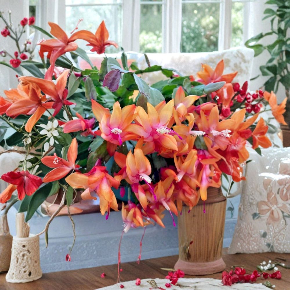 Orange Christmas Cactus Live Plants | Schlumbergera | 2 Plants in 3 Inch Pot | 5–6 Inches Tall | Holiday Blooming Succulent