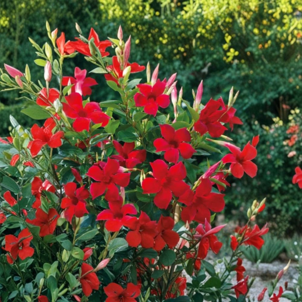 2 Red Mandevilla Plants – Mandevilla Live Plants | 4–6" Tall | No Pot | Tropical Flowering Vine | Full Sun | Zones 8–11