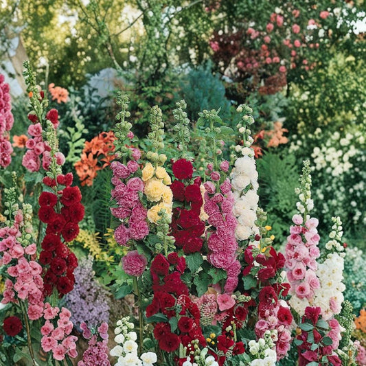 Hollyhock Powderpuffs Mix – 2 Live Bare Root Plants | Alcea rosea | Colorful Double Blooms | Hardy Cottage Garden Perennial