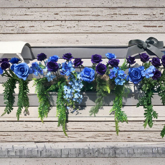 Window Box Arrangement Cascading Greens Blue & Purple Roses – Silk Floral Display | Fits 36 Inch Window Box | Outdoor Decorative Arrangement | Custom Color Options
