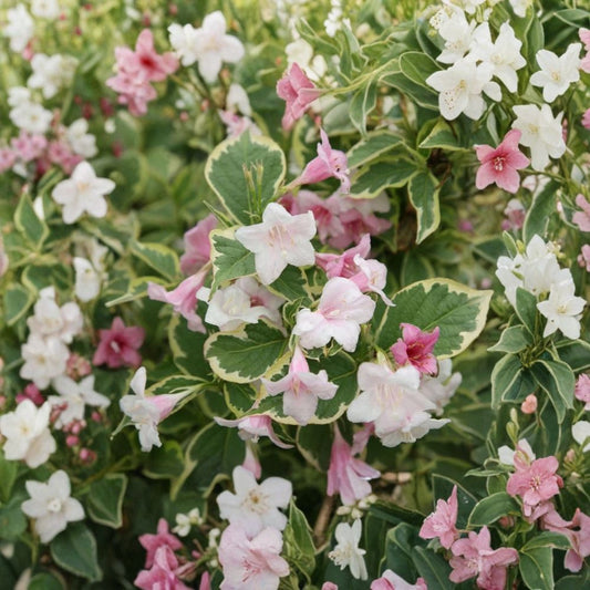 Variegata Weigela – Weigela florida 'Variegata' Live Bare Root Plant | Variegated Flowering Shrub | Pink Blooms | 4"+ Tall
