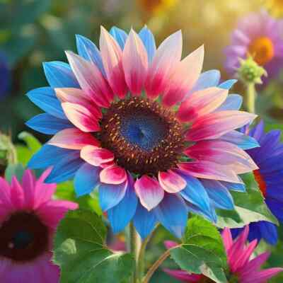 50pcs Rare Twin-Blossom Blue Over Pink Sunflower Seeds | Unique Bicolor Helianthus